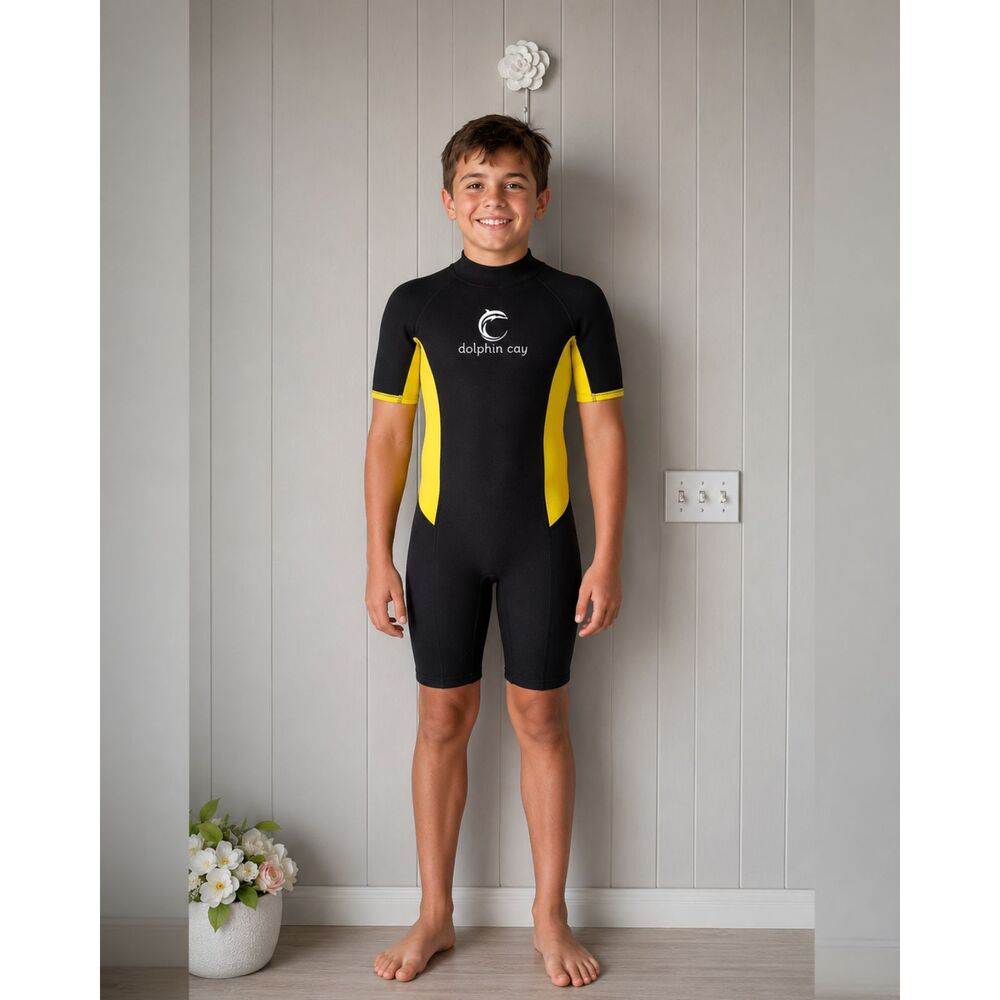 Child Kid Scuba Wet Suit Dolphin Cay Shorty Wetsuit Black Yellow  16 Swim Surf